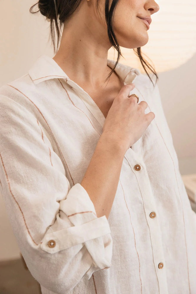 Linen shirt dress | Off White & Nutmeg Fine Stripe
