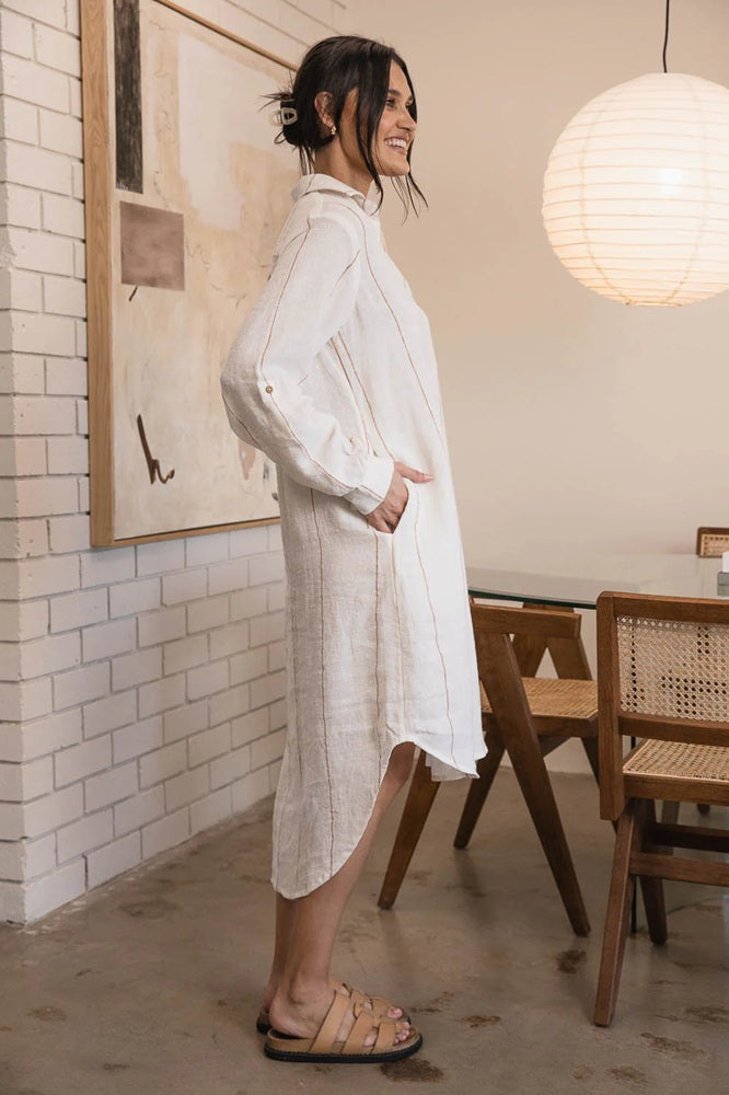 Linen shirt dress | Off White & Nutmeg Fine Stripe