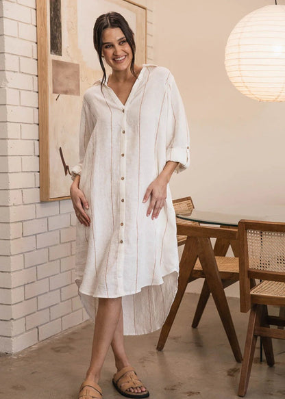 Linen shirt dress | Off White & Nutmeg Fine Stripe