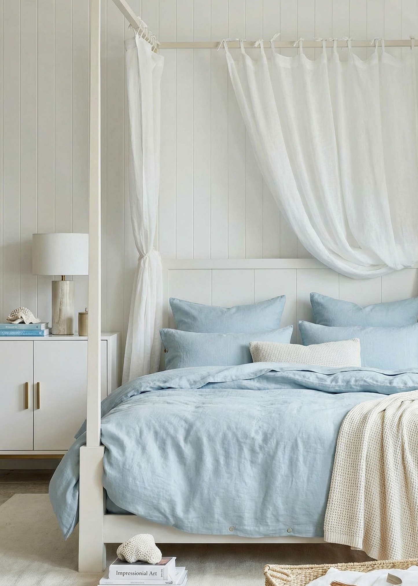 Bedroom with a canopy bed featuring light blue bedding and white curtains.