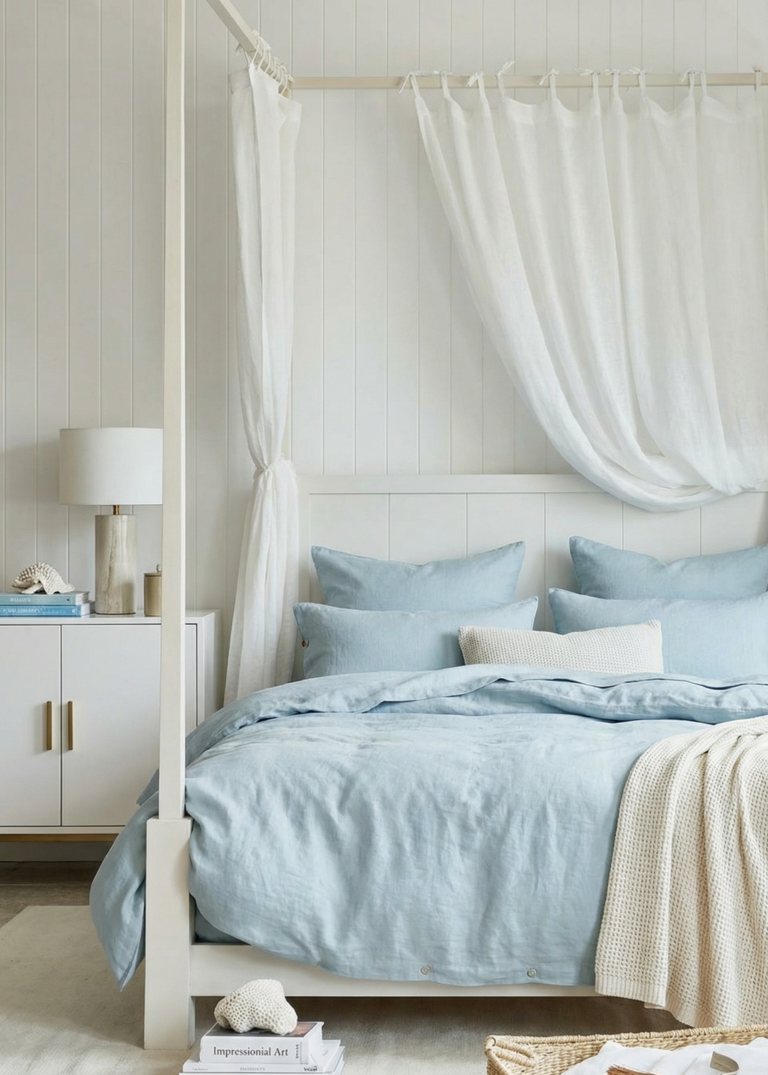 Bedroom with a canopy bed featuring light blue bedding and white curtains.