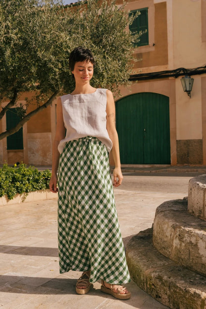 100% Pure Linen Fabric - Forest Green Gingham