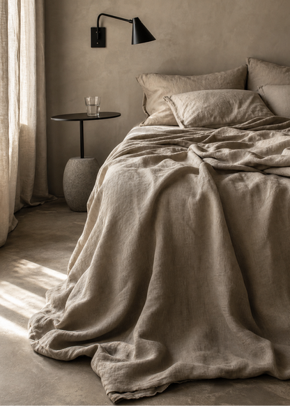 A cozy bedroom scene with a bed dressed in soft beige linen bedding, pillows, and a rumpled throw blanket. A small black side table with a glass and a wall-mounted black lamp sit beside the bed against a textured beige plaster wall, with sunlight streaming in from a curtain on the left.