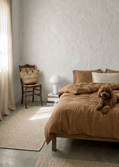 A rustic bedroom scene with a bed dressed in warm brown bedding, a small dog resting on the bed, a wooden chair with a woven bag, textured rugs, and a softly lit neutral interior.