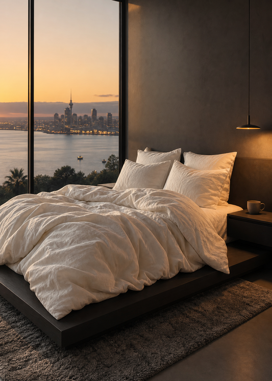 Modern bedroom with a large window view of a city skyline at sunset.