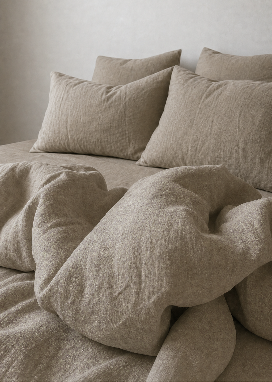 Beige bedding with pillows on a bed against a plain wall