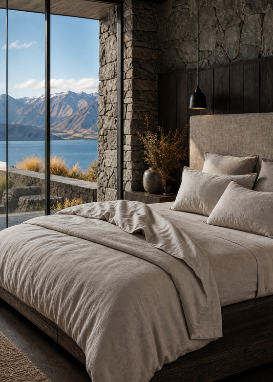 Bedroom with stone wall, large windows, and mountain view