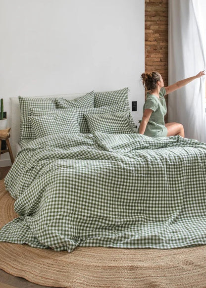 100% Pure Linen Fabric - Forest Green Gingham