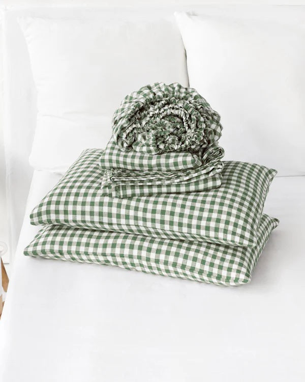 100% Pure Linen Fabric - Forest Green Gingham