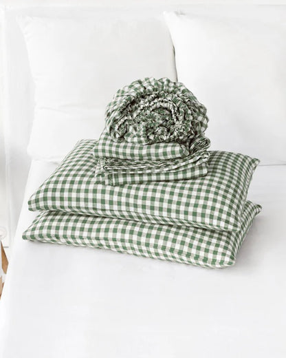 100% Pure Linen Fabric - Forest Green Gingham