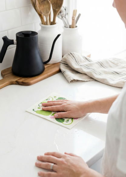 Person cleaning a kitchen counter with a cloth, surrounded by kitchen utensils and appliances.