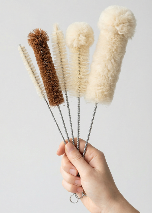 Hand holding five reusable bottle brushes against a light background
