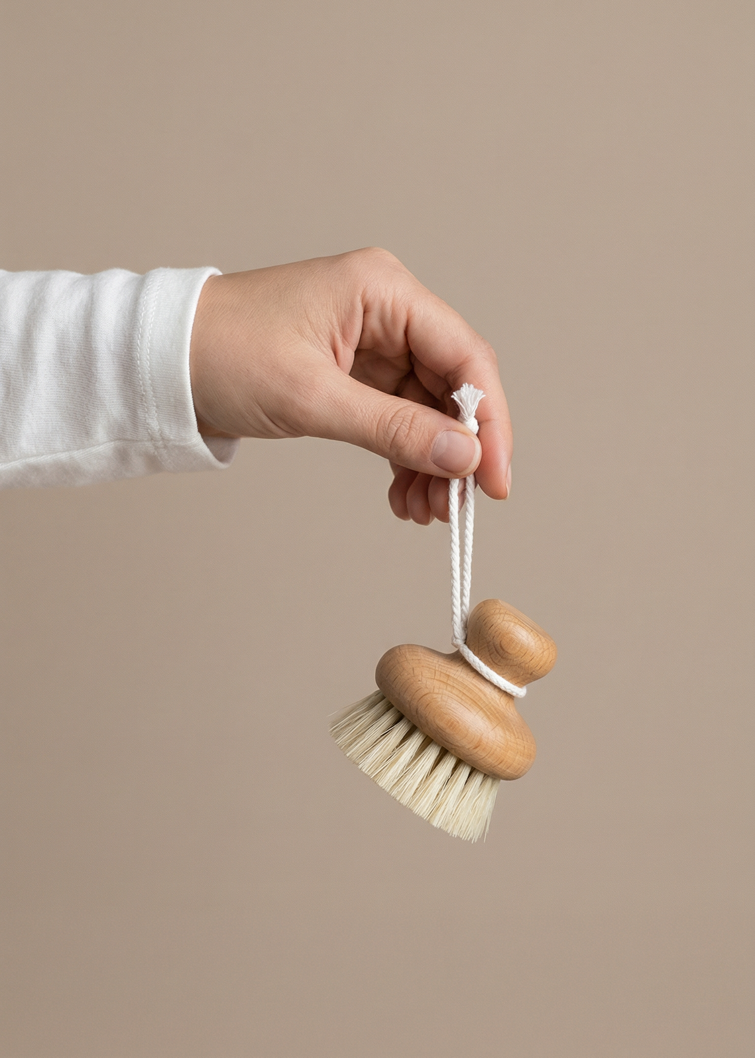 Hand holding a wooden dish brush against a beige background