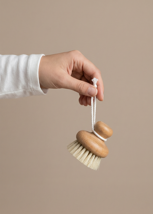 Hand holding a wooden dish brush against a beige background