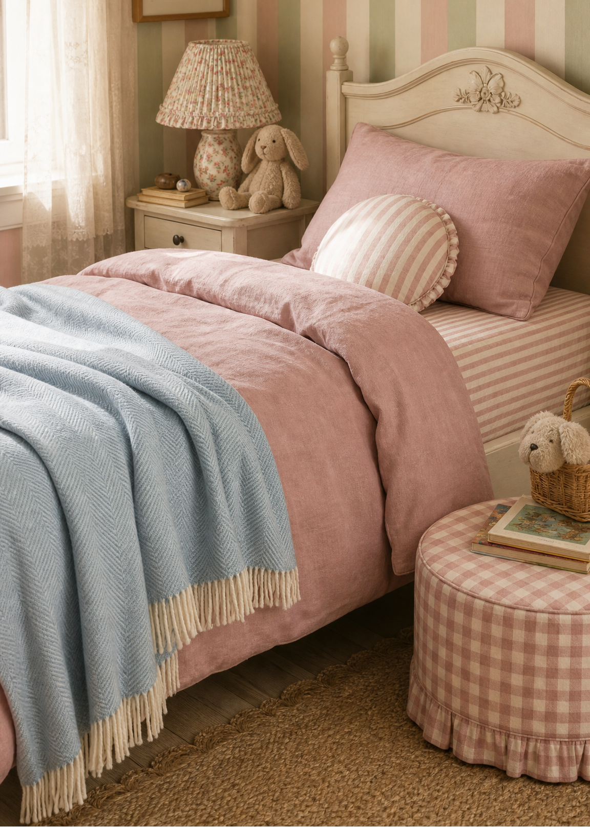 Bedroom with striped walls, pink bedding, and a lamp on a nightstand.