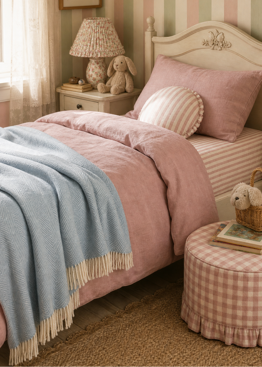 Bedroom with striped walls, pink bedding, and a lamp on a nightstand.