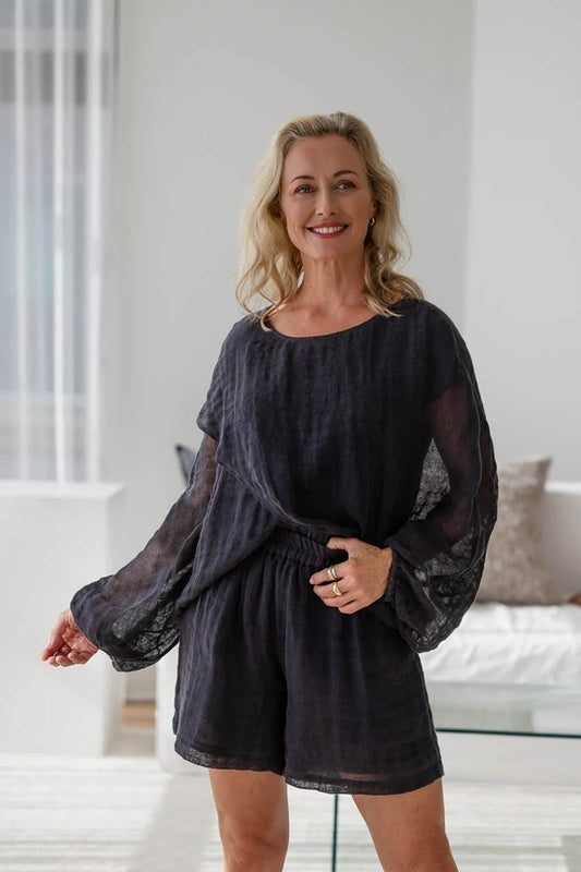 Kosa Reversible Linen Top - Midnight