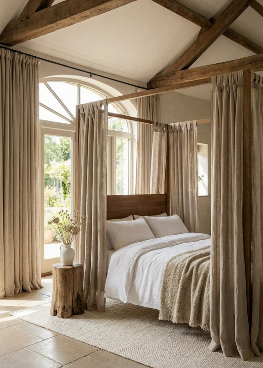 Neatly made bed with beige bedding in a room with wooden beams and large windows.
