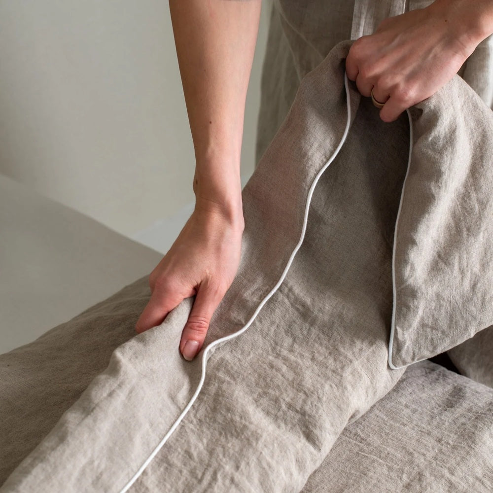 Linen Duvet Cover with White Piping | Natural