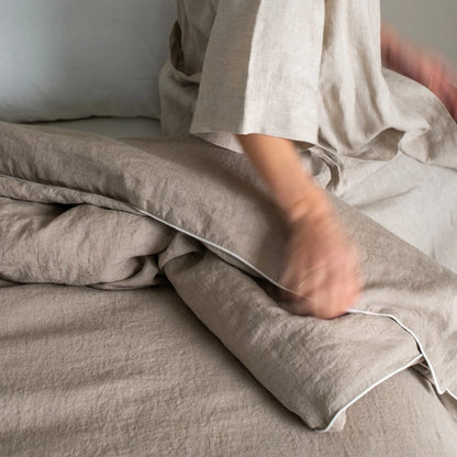 Linen Duvet Cover with White Piping | Natural