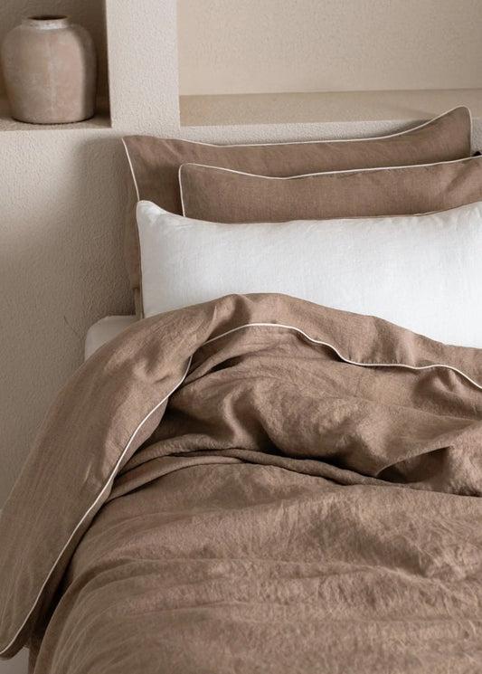 Natural Linen Duvet Cover with white Piping