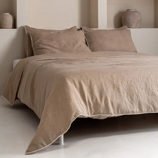 Natural Linen Duvet Cover with white Piping