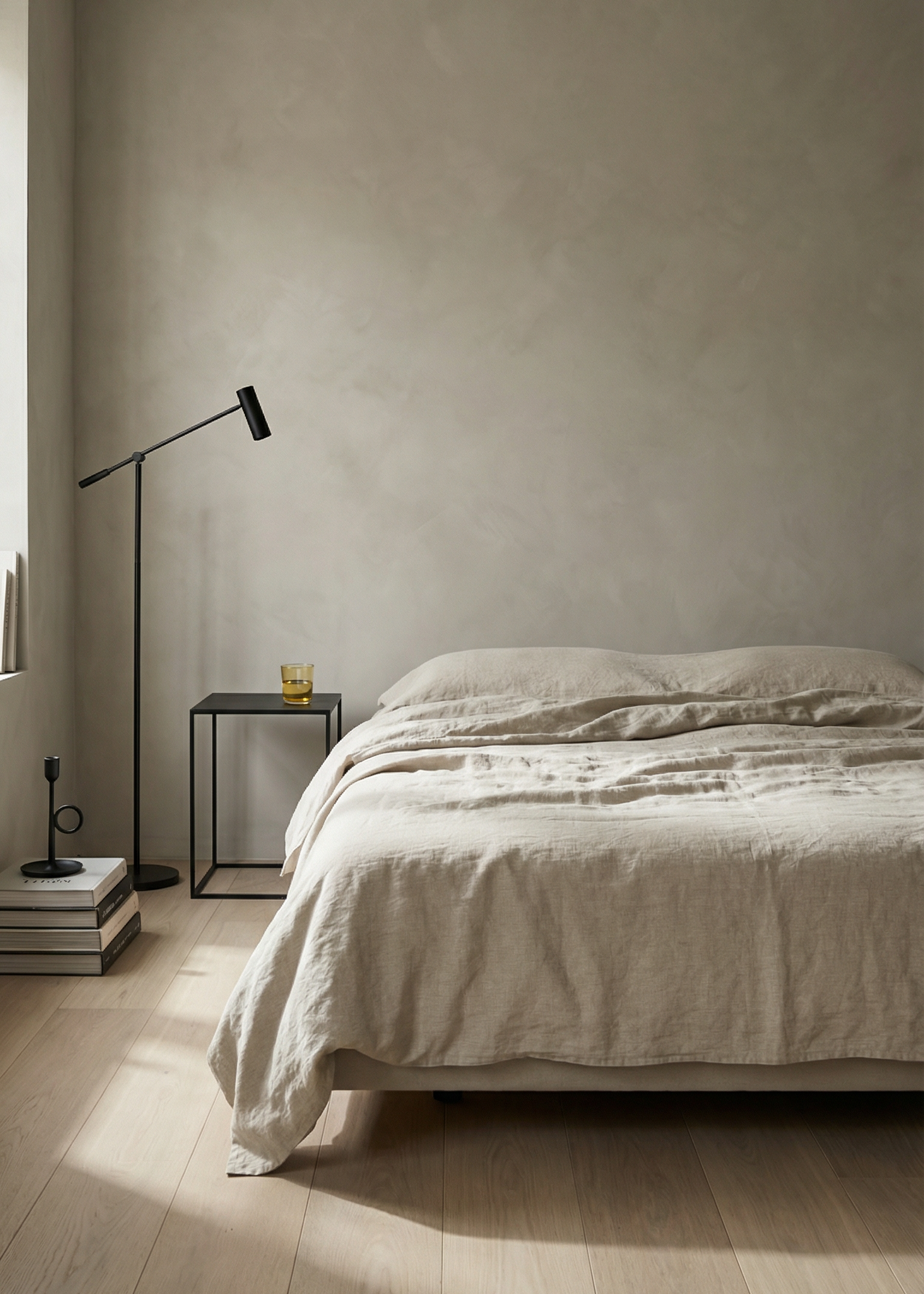 Minimalist bedroom with a bed, side table, and lamp against a plain wall.