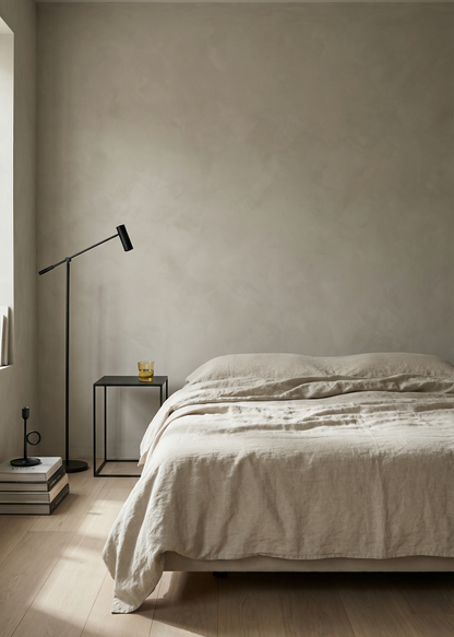 Minimalist bedroom with a bed, side table, and lamp against a plain wall.