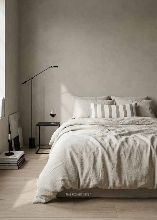 A styled bedroom scene showing a bed dressed in light beige and white bedding, with a striped accent pillow, a black floor lamp, a small side table with a wine glass, and a textured plaster wall in the background. The text 'THE FOXES DEN' is visible at the bottom of the bed.