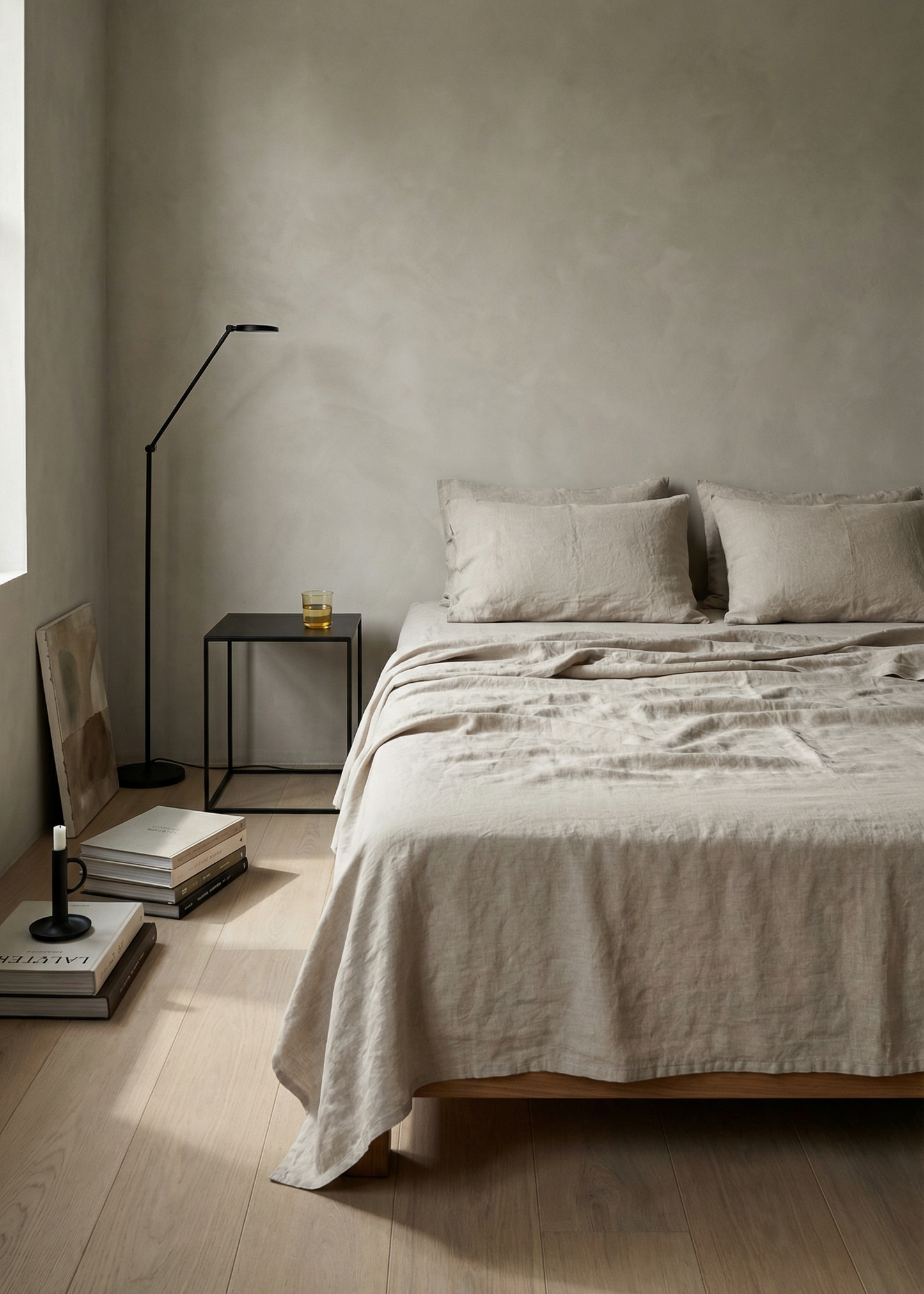 Minimalist bedroom with a bed, side table, and lamp against a plain wall.