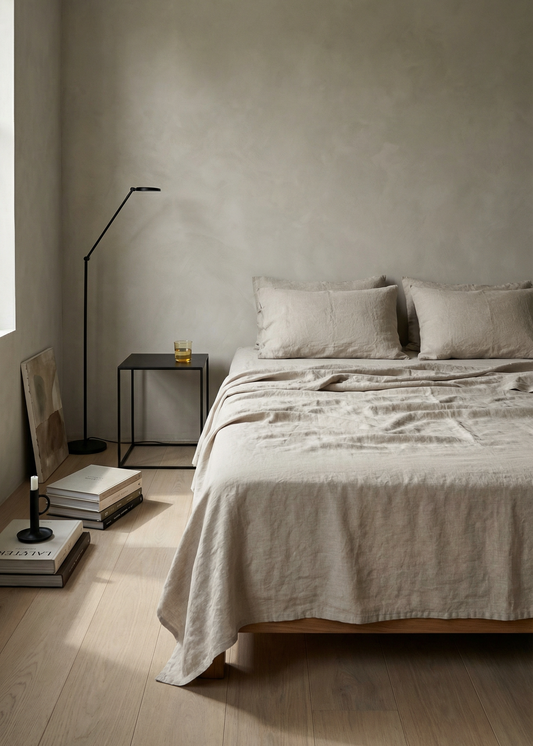 Minimalist bedroom with a bed, side table, and lamp against a plain wall.