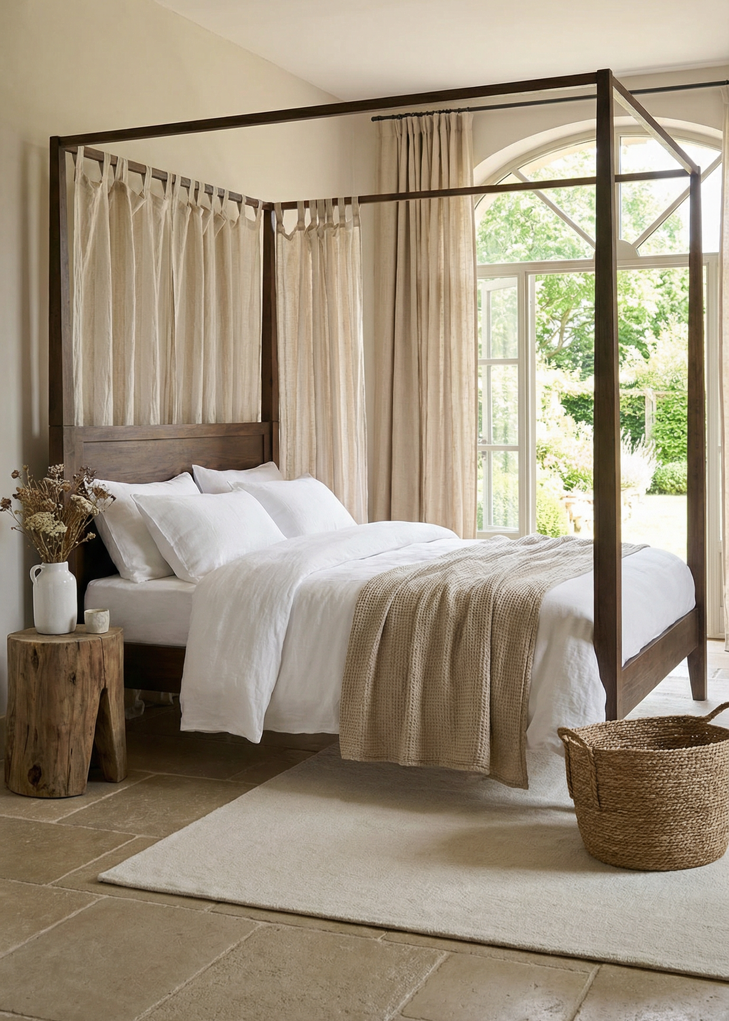 Bedroom with canopy bed, wooden floor, and large window