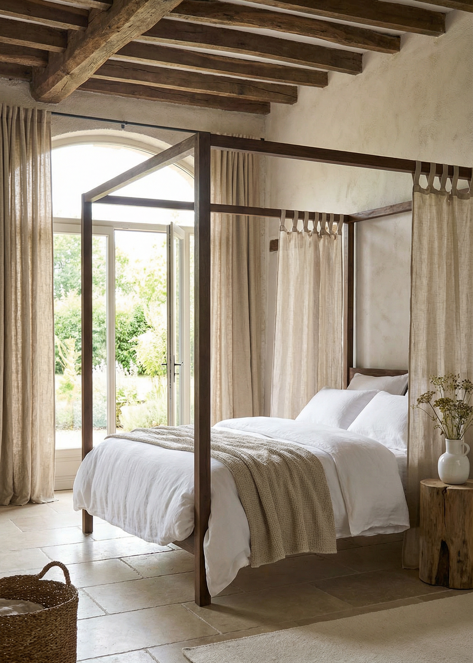 Bedroom with wooden canopy bed, white bedding, and large windows.