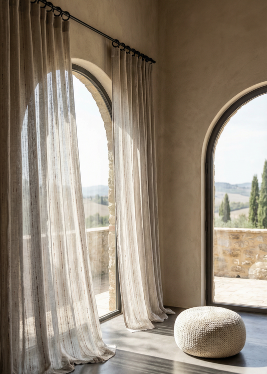 Large arched windows with sheer curtains and a round ottoman in a room with a scenic view.
