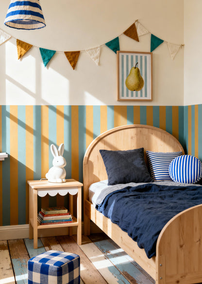 Children's bedroom with wooden bed, striped walls, and decorative elements.