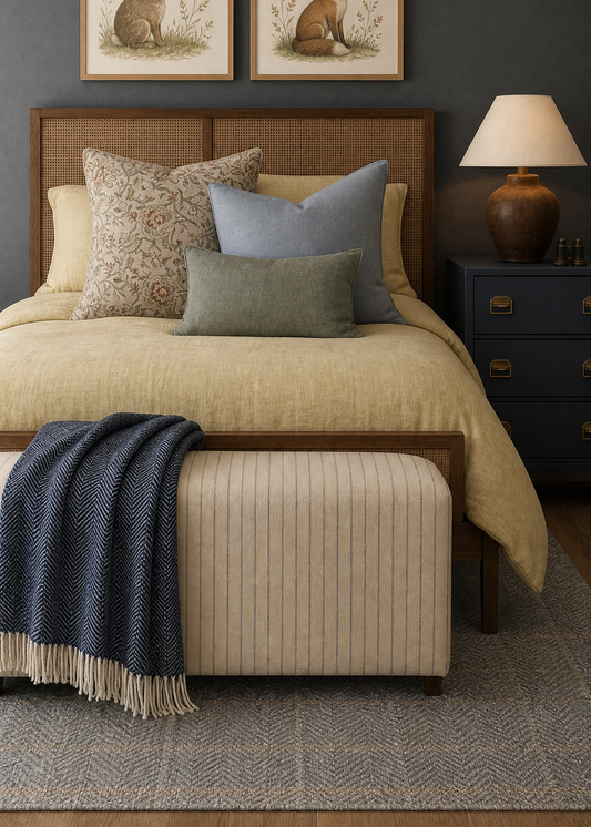 Bedroom with a bed, ottoman, and wall art featuring a rabbit and a fox.