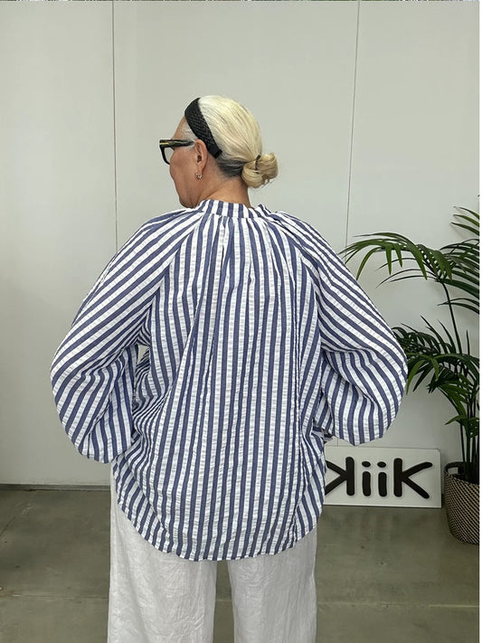 Classic Oversized Cotton Shirt - Navy Stripes