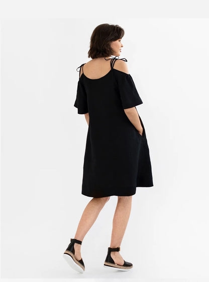 Isola Off-Shoulder Linen Dress – Black