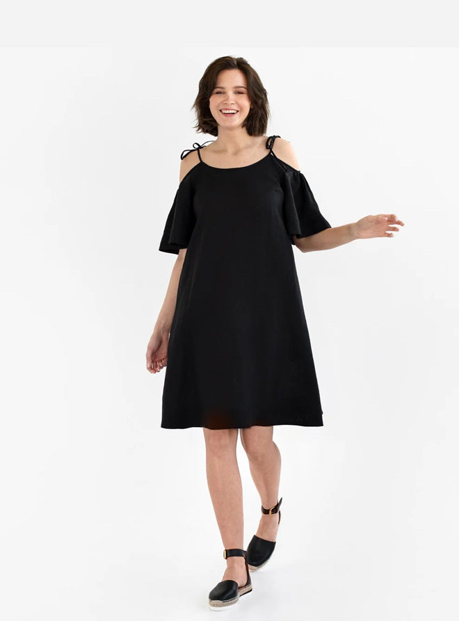 Isola Off-Shoulder Linen Dress – Black