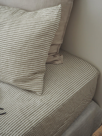 Linen Fitted Sheet | Olive Stripe
