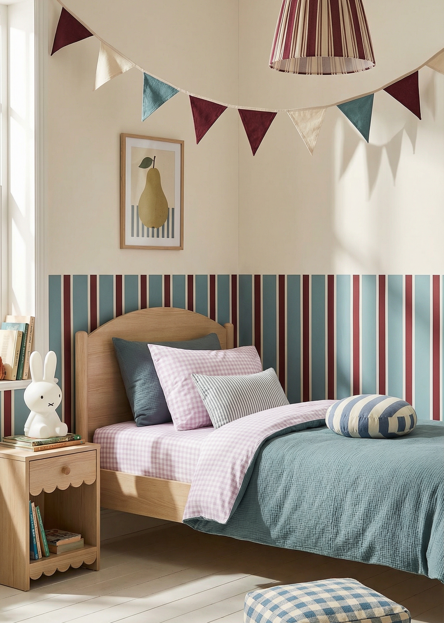 Children's bedroom with striped headboard, colorful bedding, and decorative elements.