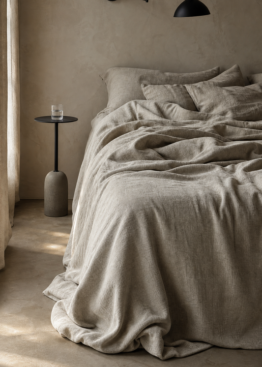 A cozy bedroom scene with a bed dressed in soft beige linen bedding, pillows, and a rumpled throw blanket. A small black side table with a glass and a wall-mounted black lamp sit beside the bed against a textured beige plaster wall, with sunlight streaming in from a curtain on the left.
