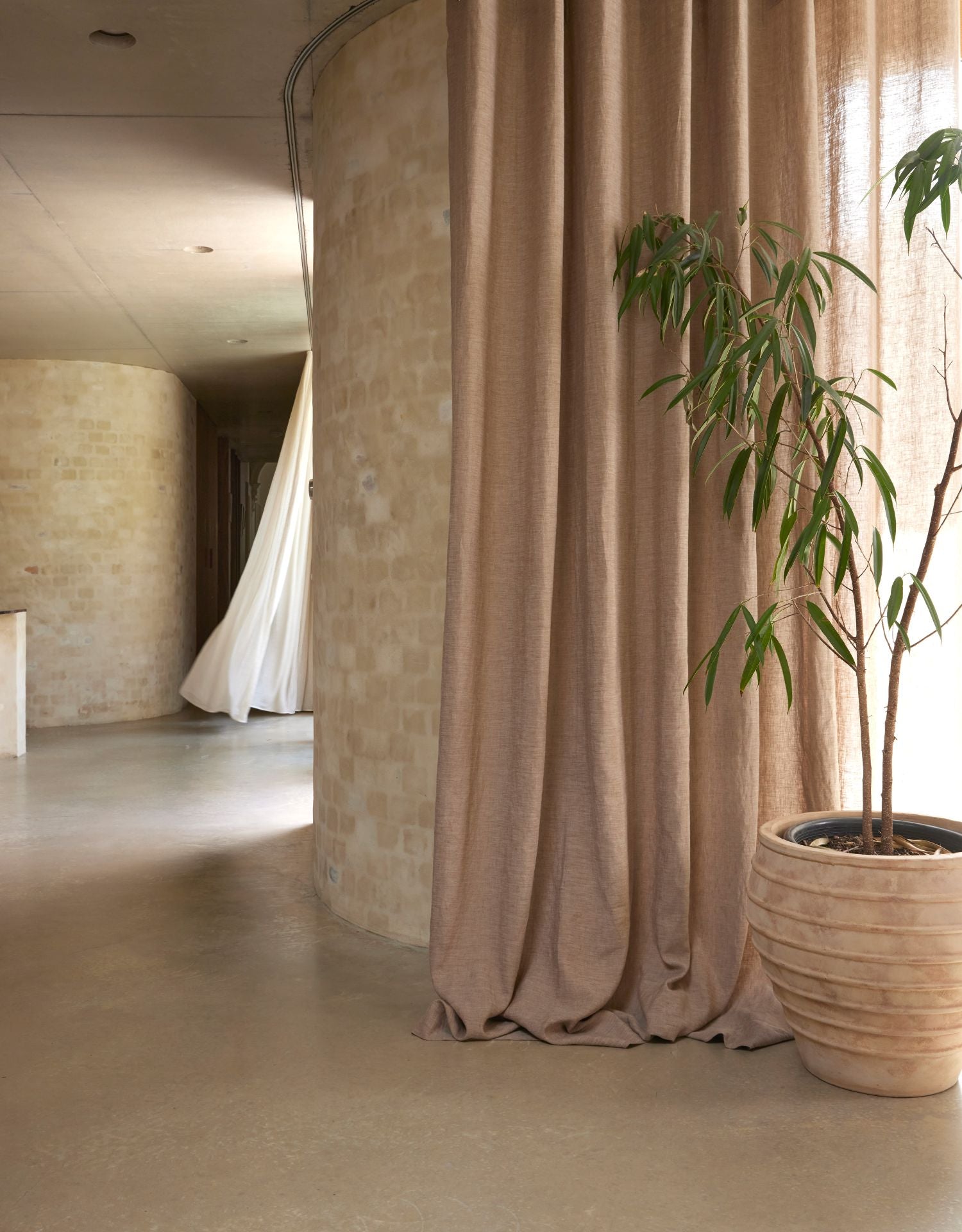 Beige curtain in a room with a plant and concrete floor