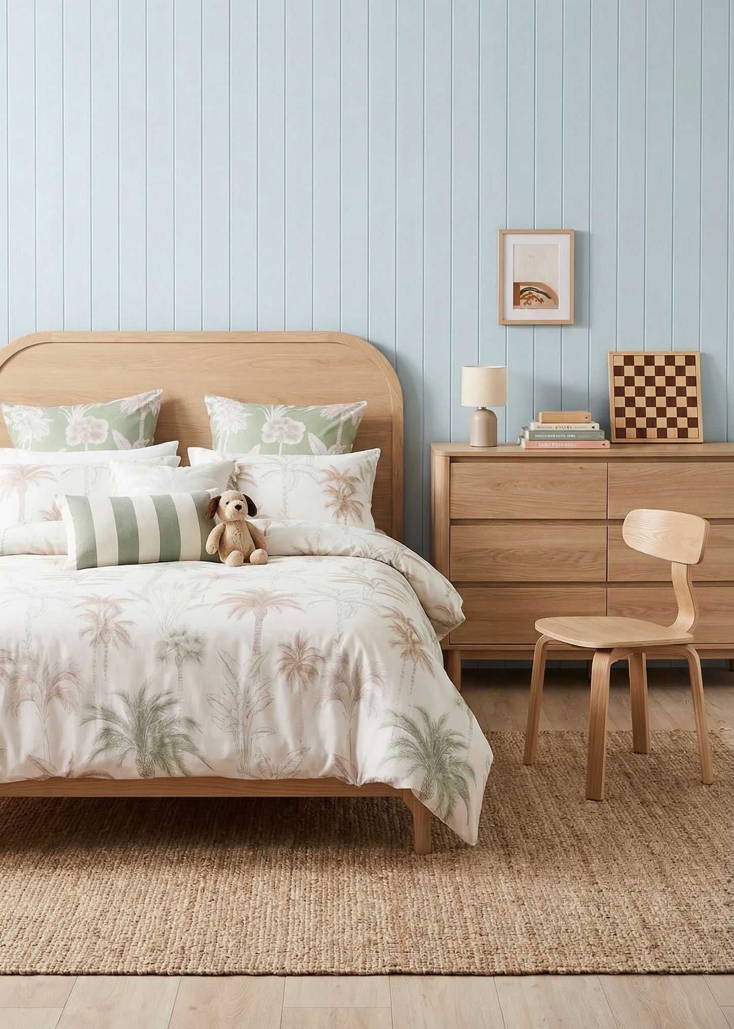 Bedroom with wooden bed, dresser, and chair against a light blue striped wall.