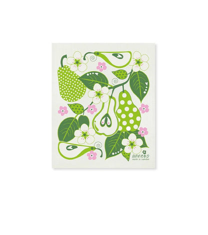 A dish cloth with a green and white design featuring pear shapes and leaves.