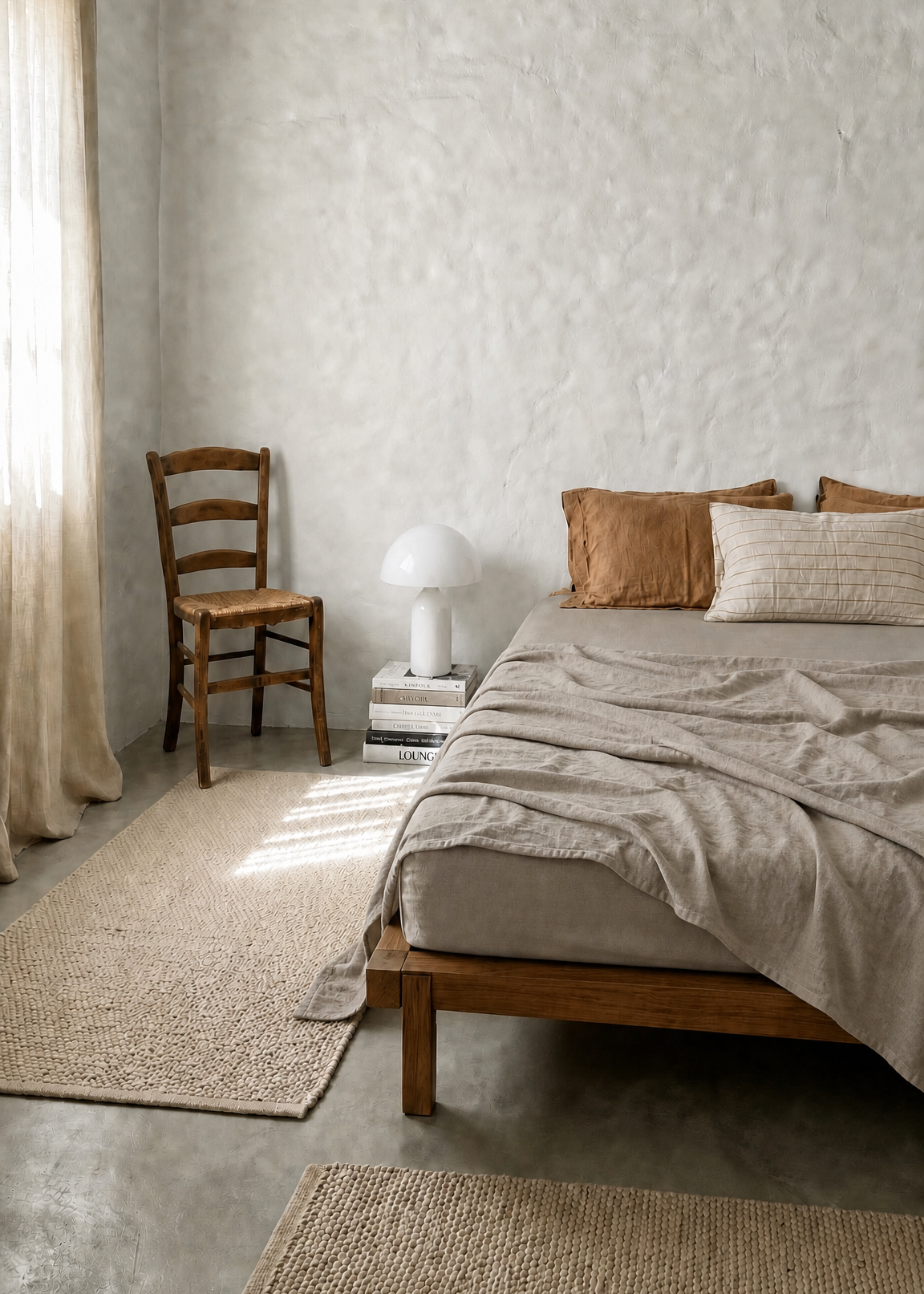 A styled bedroom scene featuring a wooden bed frame with neutral beige bedding, matching textured rugs, a rustic wooden chair, and a white table lamp against a textured plaster wall.