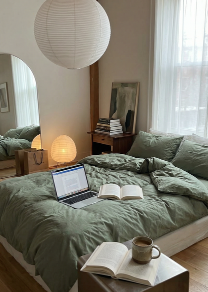 Bedroom with green bedding, laptop, and books on a wooden nightstand.