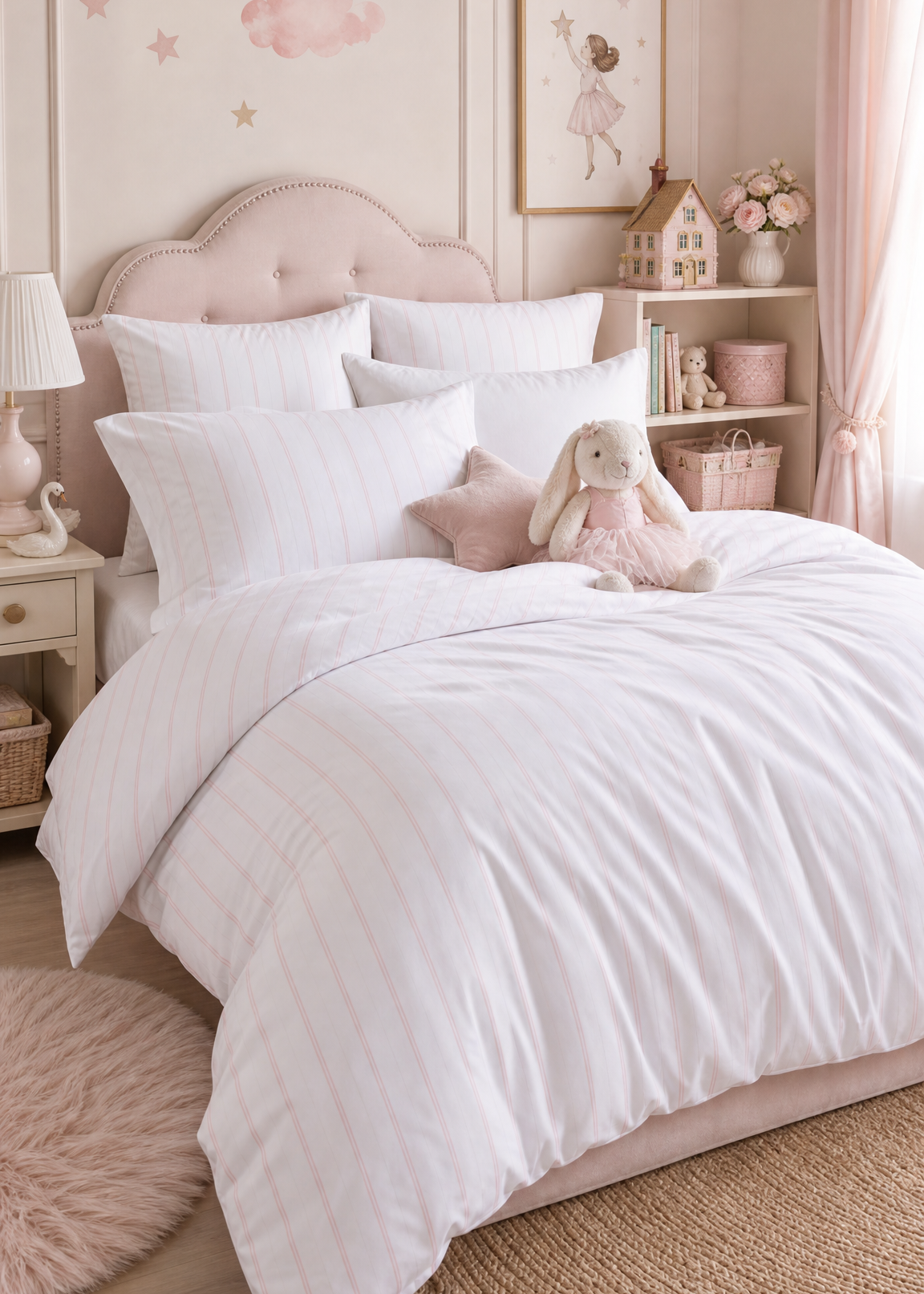 Children's bedroom with pink accents, toys, and decorative elements.