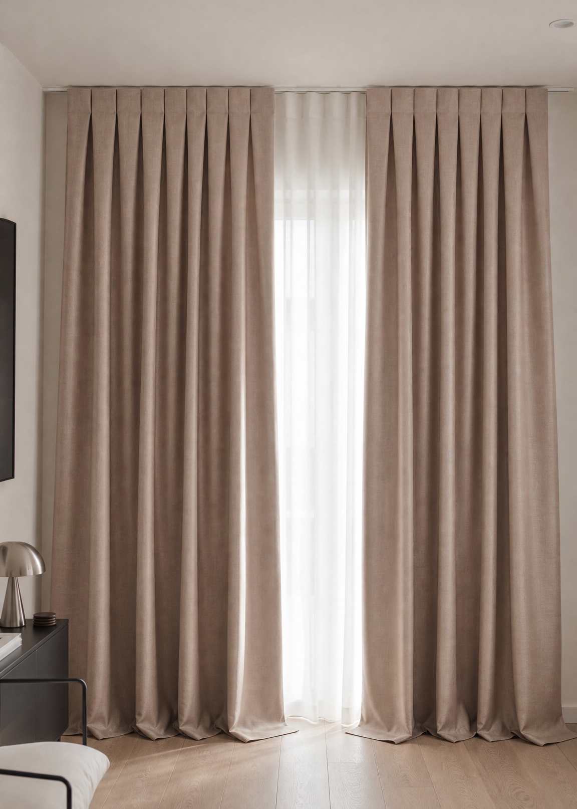 Beige curtains in a room with a light background