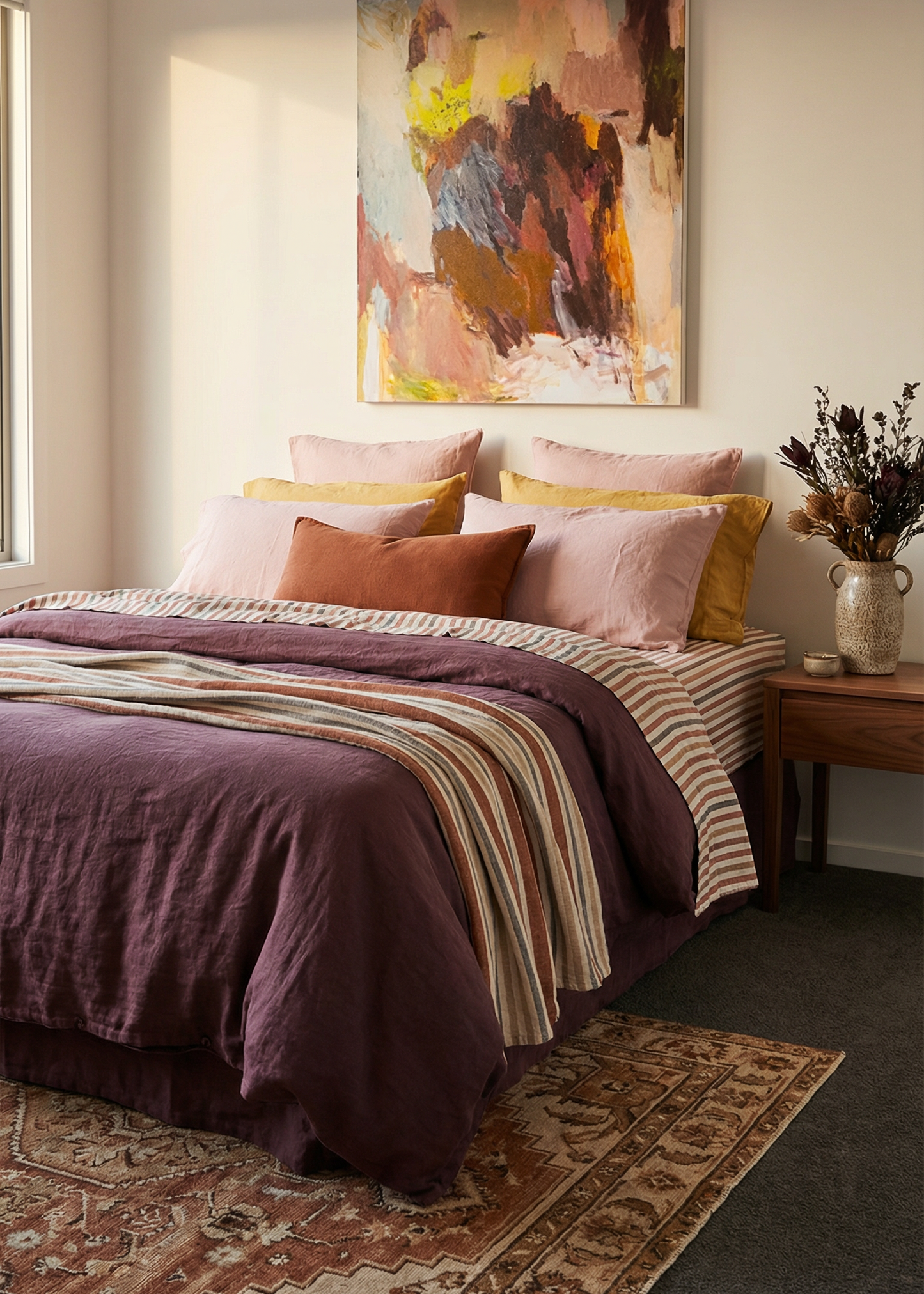 Bedroom with a bed featuring striped bedding and colorful pillows, a large abstract painting on the wall, and a vase with flowers on a side table.